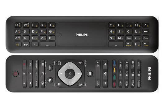 Die Fernbedienung der Philips-Fernseher ist neu gestaltet. Bei der 7000er- und 8000er-Serie hat sie auf der Rückseite eine Tastatur. Diese wird dank Lagesensor automatisch inaktiv geschaltet, wenn sie nach unten zeigt.