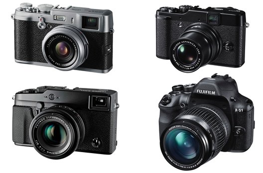 Die X-Familie: oben links die X100 und rechts daneben die getestetes X10.
Links unten die neue X-Pro1 Systemkamera und rechts unten, die aus der Art geschlagene Bridge-Kamera X-S1.