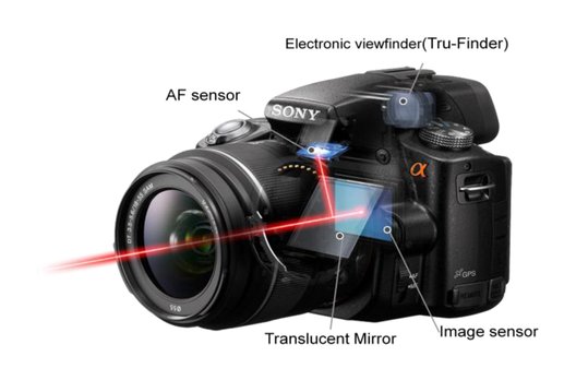Das Licht fällt bei der Translucent Mirror Technologie permanent durch einen teildurchlässigen Spiegel gleichzeitig auf den Autofokussensor und auf den Bildsensor.