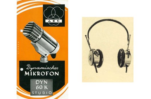 Bereits 1947 lancierte AKG die DYN-Mikrofone. Vom DYN 60 K wurden jährlich 500 - 600 Stück produziert. Rechts der K120Dyn von 1949.
