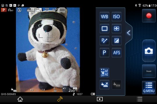 Panasonic GH5, WiFi, Live-Vorschau und Foto-Optionen auf dem Tablet.