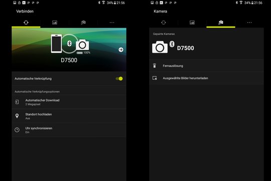 Nikon D7500: SnapBridge-App auf dem Smartphone. Auswahl zwischen Fernbedienung der Kamera oder Bilder-Up/Download. 