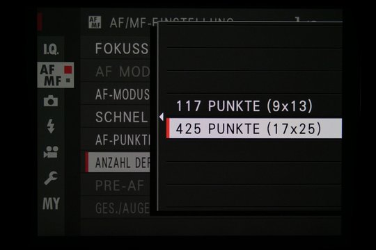 Fujifilm GFX 50S: Aufnahmemenü AF/MF-Einstellungen, Untermenü Wahl der AF-Punkte.
