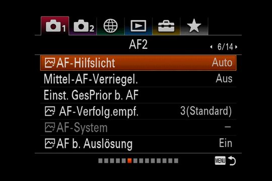 Sony Alpha 7R III Menüsystem: AF2,, Mittel-AF Verriegel., Einst. GesPrior b. AF., AF-Verfolg.empf.