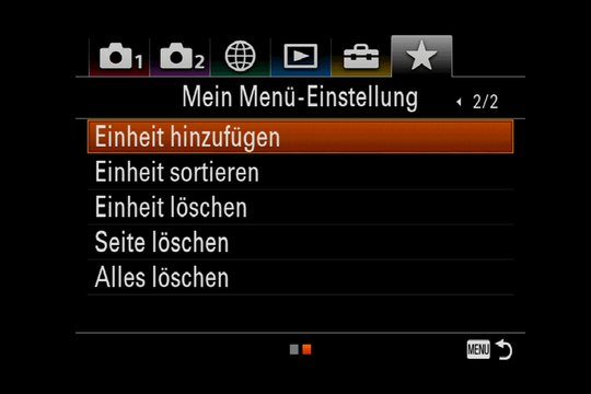 Sony Alpha 7R III Menüsystem: Mein Menü-Einstellung, Einheit sortieren.