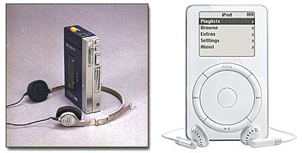 Der Sony TPS-L2 (links) war der erste Walkman aller Zeiten. Der iPod von Apple verkörpert den neusten Trend zum Harddisc-Player.