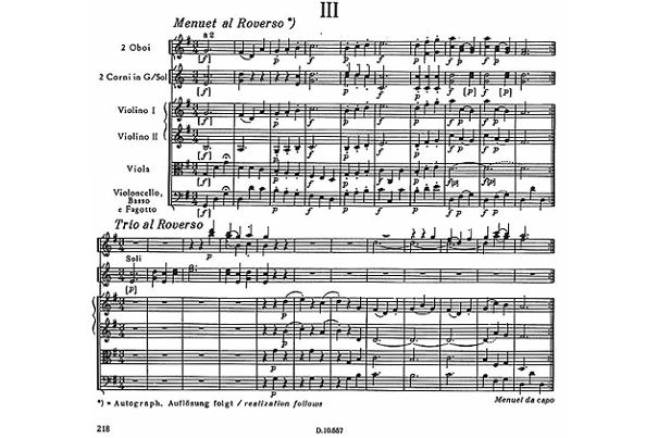 Die Musiker müssen die Noten des Menuetts in beide Richtungen lesen und spielen. Mit dem Trio zusammen ergeben sich vier Themenlinien.