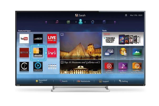 Aufgeräumter Bildschirm: Der Smart-TV L74 von Toshiba bietet Zugriff auch auf Material aus dem Internet. Er macht zudem aufgrund der vergangenen Sehgewohnheiten Vorschläge für ähnliche Progarmme, die er auch aufzeichnen kann.