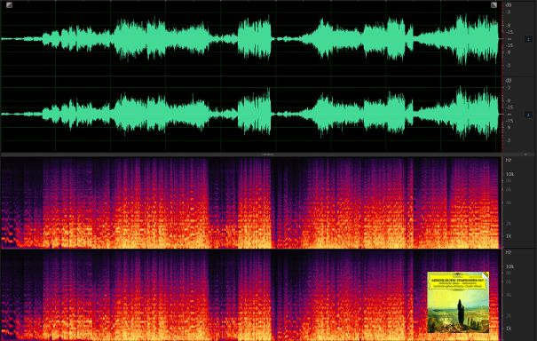 Abbado: Digitale Aufnahme aus dem Jahr 1986 im 16/44.1-CD-Format. Beim Vergleich des Spektrums mit der Kossenko-Aufnahme muss die unterschiedliche Frequenz-Skala berücksichtigt werden (bis 22 kHz bei Abbado / bis 48 kHz bei Kossenko).