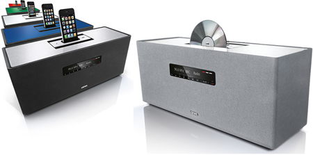 Die Loewe Soundbox vereint Dockingstation, RDS-Stereo-Radio, CD-Spieler und eleganten Wecker. Im kompakten Gerät sind zudem zwei 4 Zoll-Full Range Stereo-Lautsprecher sowie zwei digitale Stereoverstärker integriert.