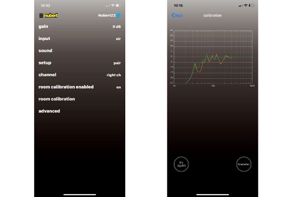 X-Remote App: Links Einstellungen eines Lautsprechers, rechts das Resultat der Raumeinmessung vor dem Transfer der Korrekturdaten.
