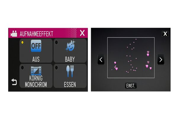 Körnige Videos in Schwarzweiss und optimierte Essens- und Baby-Szenen verspricht der Aufnahme-Effekt (Abb. links). Jööh-Momente gibt es mit den Animationseffekten (Abb. rechts).