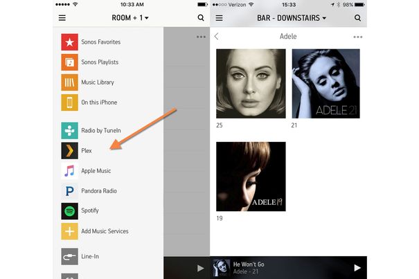 Auf den Apps erscheint Plex wie ein üblicher Musikdienst (links) und lässt sich wie gewohnt bedienen (rechts). Bild: Plex
