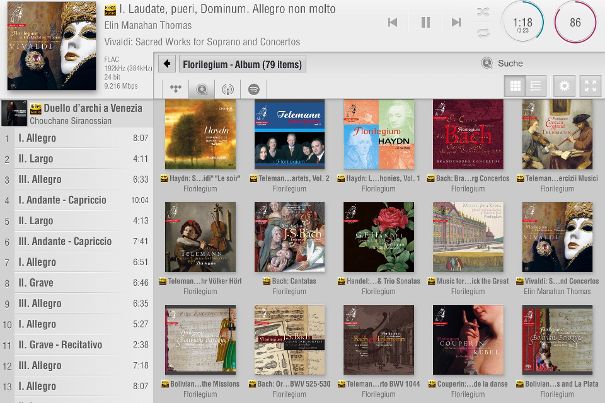 Die Lumin Music App ist in drei Hauptebenen unterteilt: oben der laufende Titel, Titelsprung und Lautstärke. Darunter die Musikbibliothek, und links die aktuelle Wiedergabeliste.