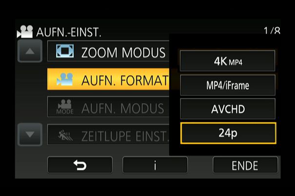 Neu bei der Videoformat-Auswahl: Die Möglichkeit, mit 24 Vollbildern pro Sekunde (24p) in 4K und Full-HD zu filmen.