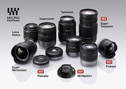 Unter den elf Objektiven von Panasonic befinden sich auch die mit der GH2 angekündigten Neuheiten: das 100-300mm-Telezoom, das 3-D-Objektiv und das 14mm-Pancake-Weitwinkel.