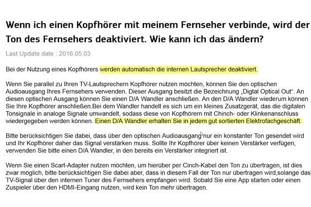 Das Kopfhörerproblem ist den meisten TV-Herstellern bekannt, wie der Hilfetext von Samsung zeigt. Die Lösung endet in Bastelei.