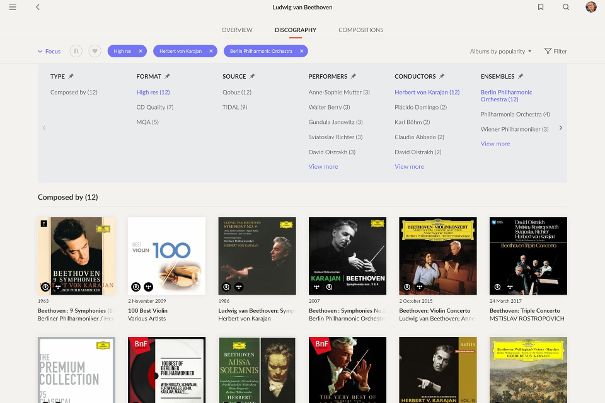 Fokus am Beispiel einer Diskografie von Ludwig van Beethoven nach mehreren Kriterien aufgelistet und nach Popularität sortiert.