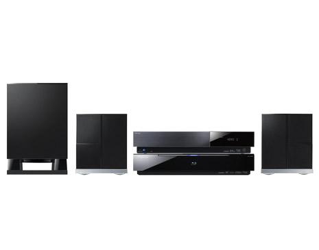 Heimkino Komplett-System aus der Designlinie. Schwarz ist Trumpf. Oben AV-Receiver mit iPod-Docking und 500 Watt Leistung. Unten der Blu-ray Player BDP-LX08.