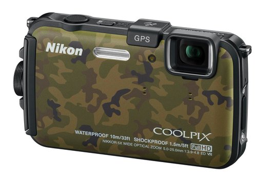 Nikon Coolpix AW100: Die erste digitale Wasserdichte von Nikon kam im Herbst 2011 auf den Markt. Sie bietet 16 Mpx, 1080/30p und ein 5x-Zoom mit 28 - 140 mm. Die AW100 ist wahlweise in zwei Farben und in diesem Tarnlook für jeweils 348 Franken erhältlich.