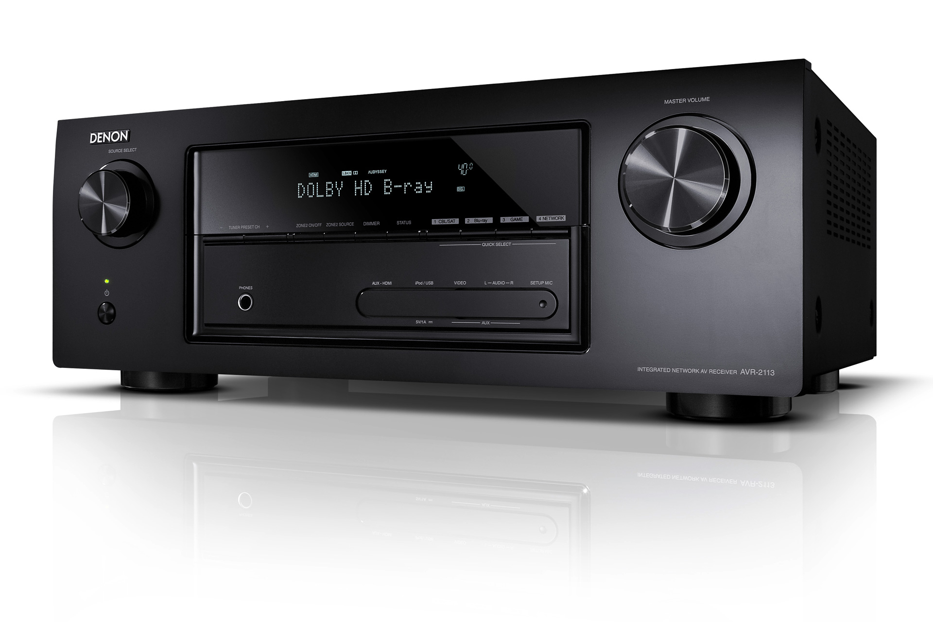 Der AVR-2113 ist ein 7.1-Kanal-AV-Receiver, der auch im Multizonen-Betrieb (2 Zonen) eingesetzt werden kann. Der USB-Anschluss an der Vorderseite dient zum Anschluss von iPod, iPhone u.a.