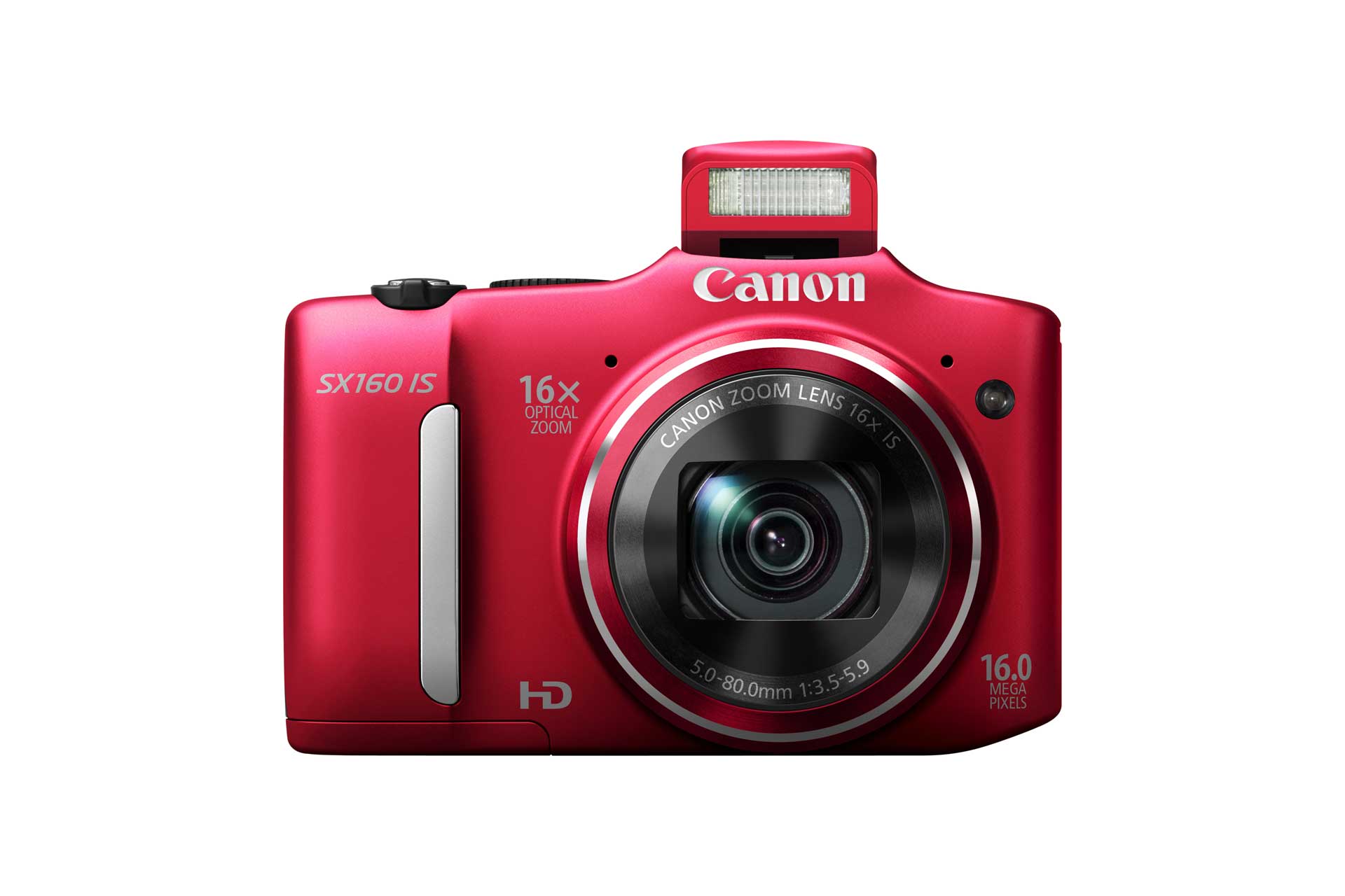 Die PowerShot SX160 IS gibt es in den drei Farben schwarz, rot und silber. Nebst dem eingebauten Blitz sind auch externe Blitzgeräte anschliessbar.