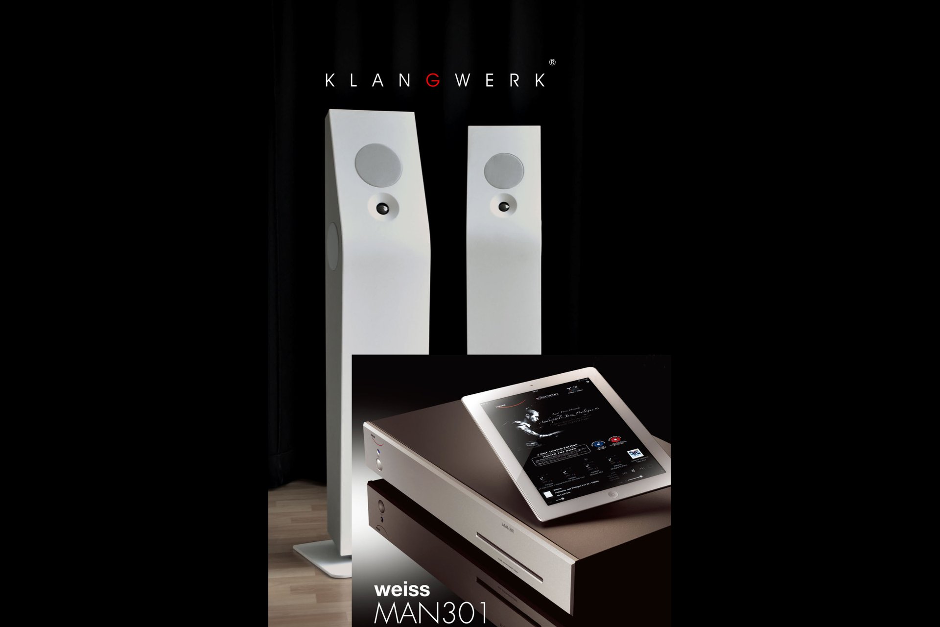 Weiss Engineering und Klangwerk, 1. UG Meet & Relax-Room. 
Die beiden Schweizer Hersteller zelebrieren modernes High End in Reinkultur: Sie kombinieren einen Netzwerkspieler/Vorverstärker mit einem Paar Aktivlautsprecher zu einer eleganten, minimalistischen High-End-Anlage. Bedient wird diese bequem mit einem iPad. Die Musikdateien werden auf einer handelsüblichen Netzwerkfestplatte gespeichert. 