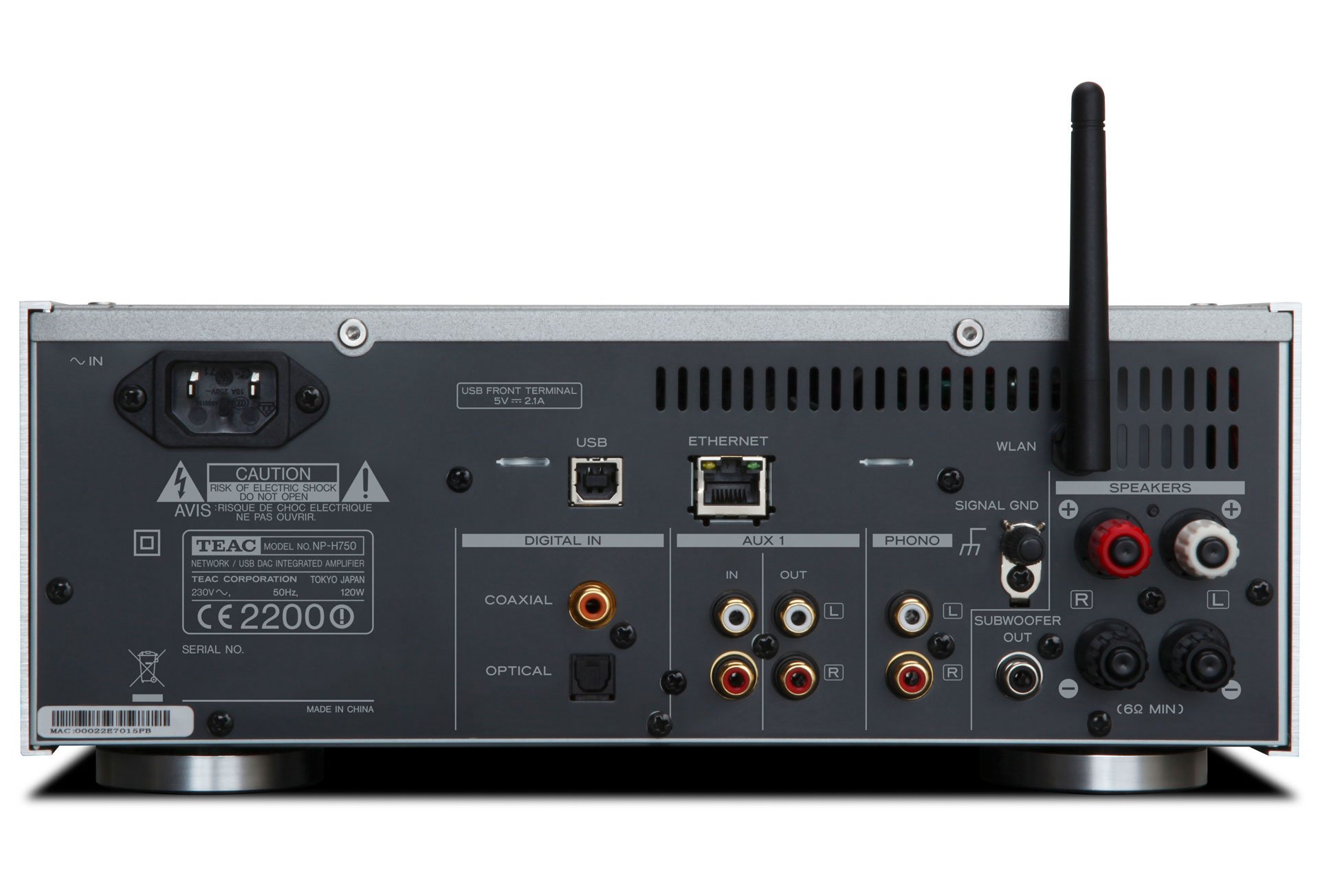 Für den Anschluss von Audioprodukten aus dem Heimbereich einschliesslich TV-Geräten ist der NP-H750 mit einer Vielzahl von Eingängen ausgestattet: Digitaleingänge (optisch/koaxial),
Phono-Eingang und analoge Cinch-Stereoeingänge.