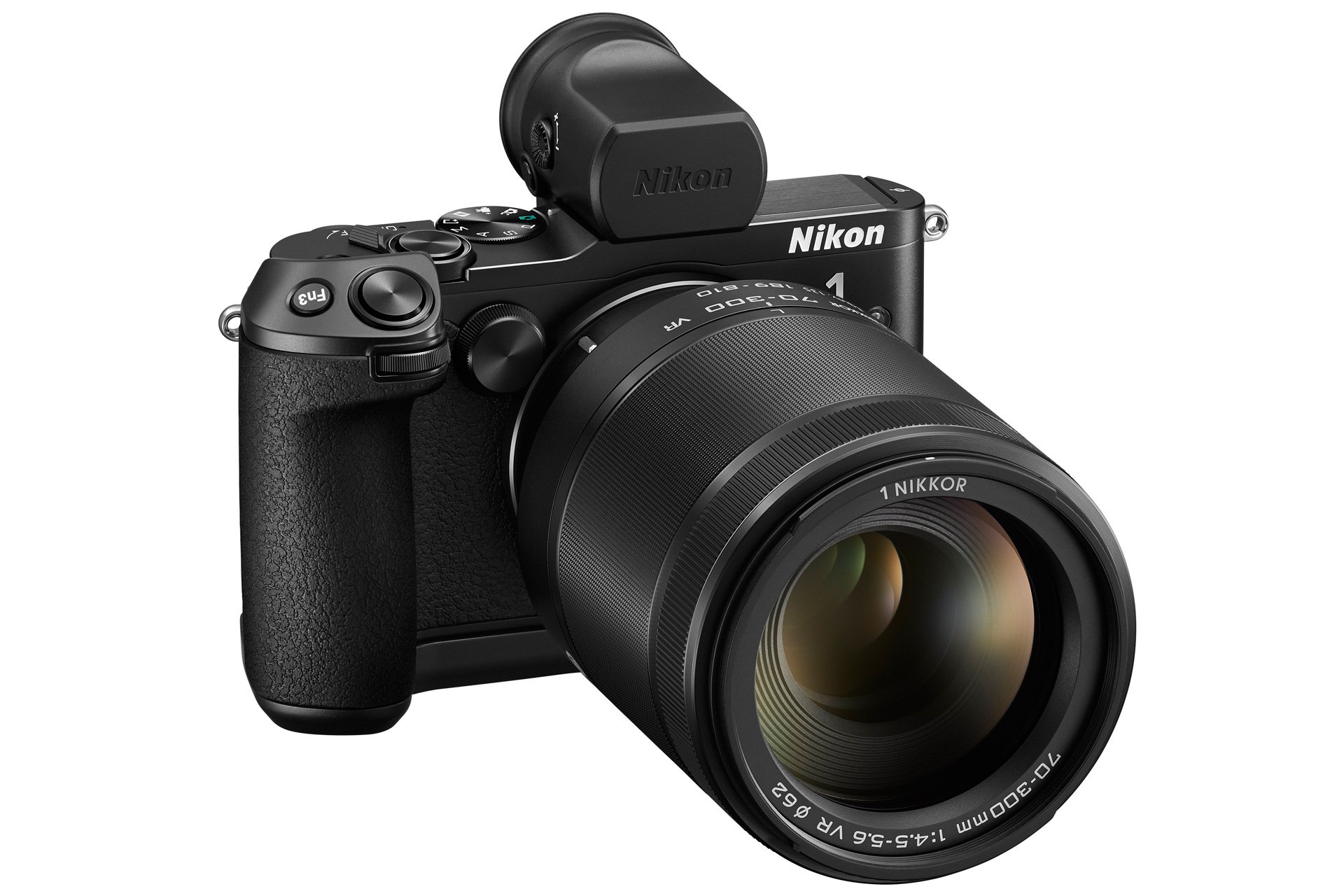 Die Kamera in voller Ausstattung mit dem Teleobjektiv 1 NIKKOR VR 70-300mm f/4,5-5,6, optionalem elektronischem Sucher DF-N1000 und optionalem Griff GR-N1010.