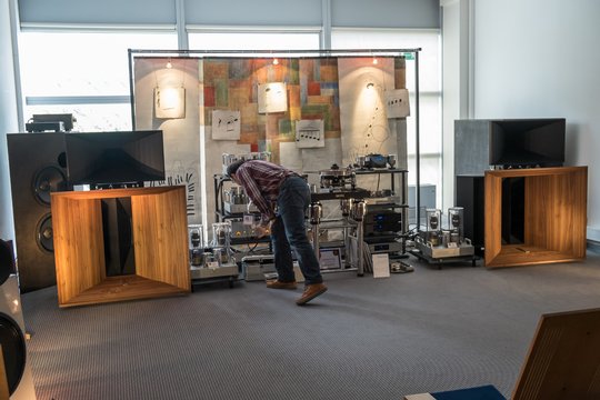 Blumenhofer Acoustics, ein Spezialist für Hornlautsprecher, präsentierte grossartige „Horndynamik“ an einer extrem aufwändigen Röhren-Kette. Die Subwoofer sind ebenfalls gigantisch. Mir gefällt auch das eigenständige Design.