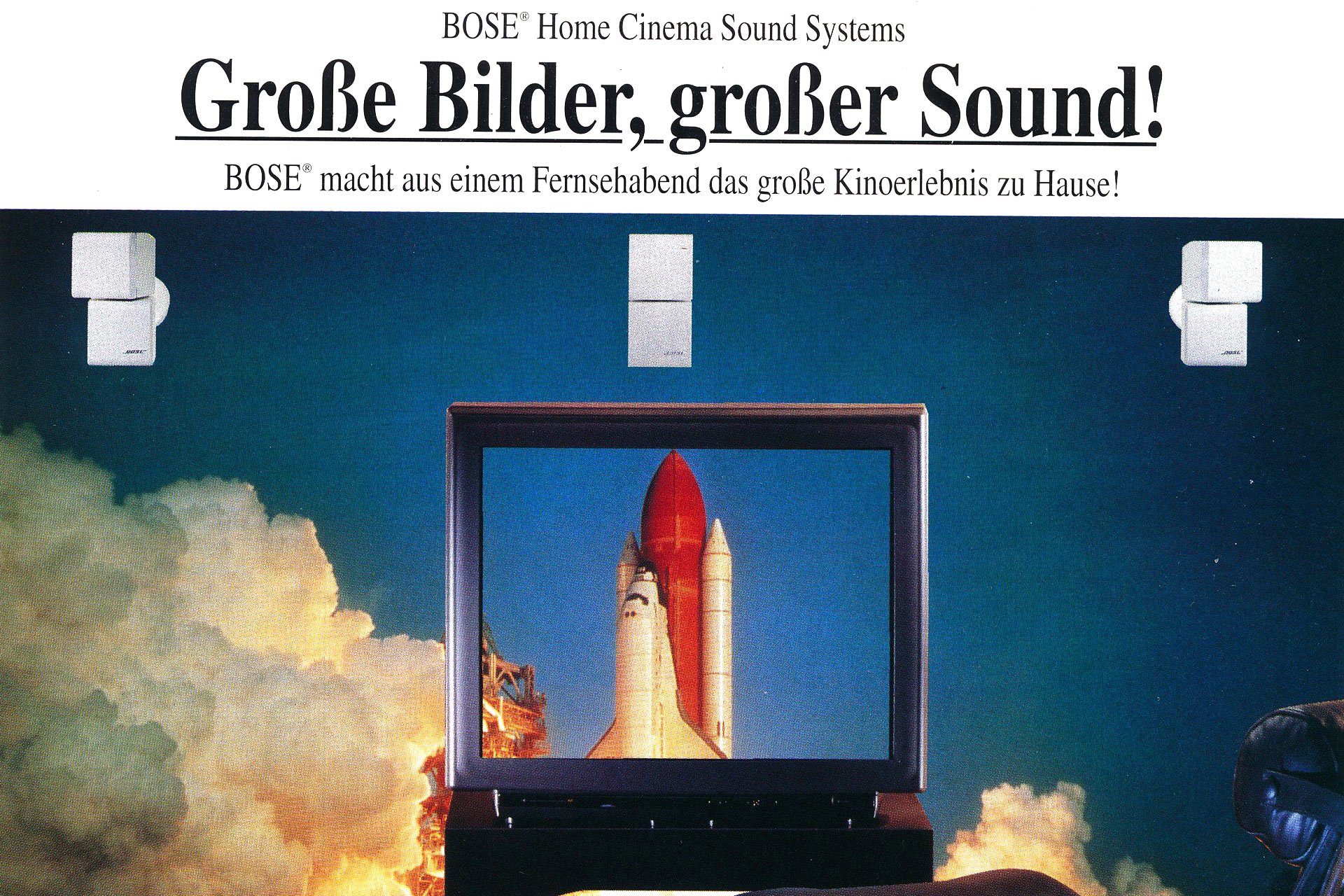 Hier in einem Inserat aus dem Jahre 1994. Das Bild steht für die Wucht der kleinen Lautsprecher beim Surroun-Sound. Damit wird Kinoerlebnis ohne sperrige Lautsprecher möglich.