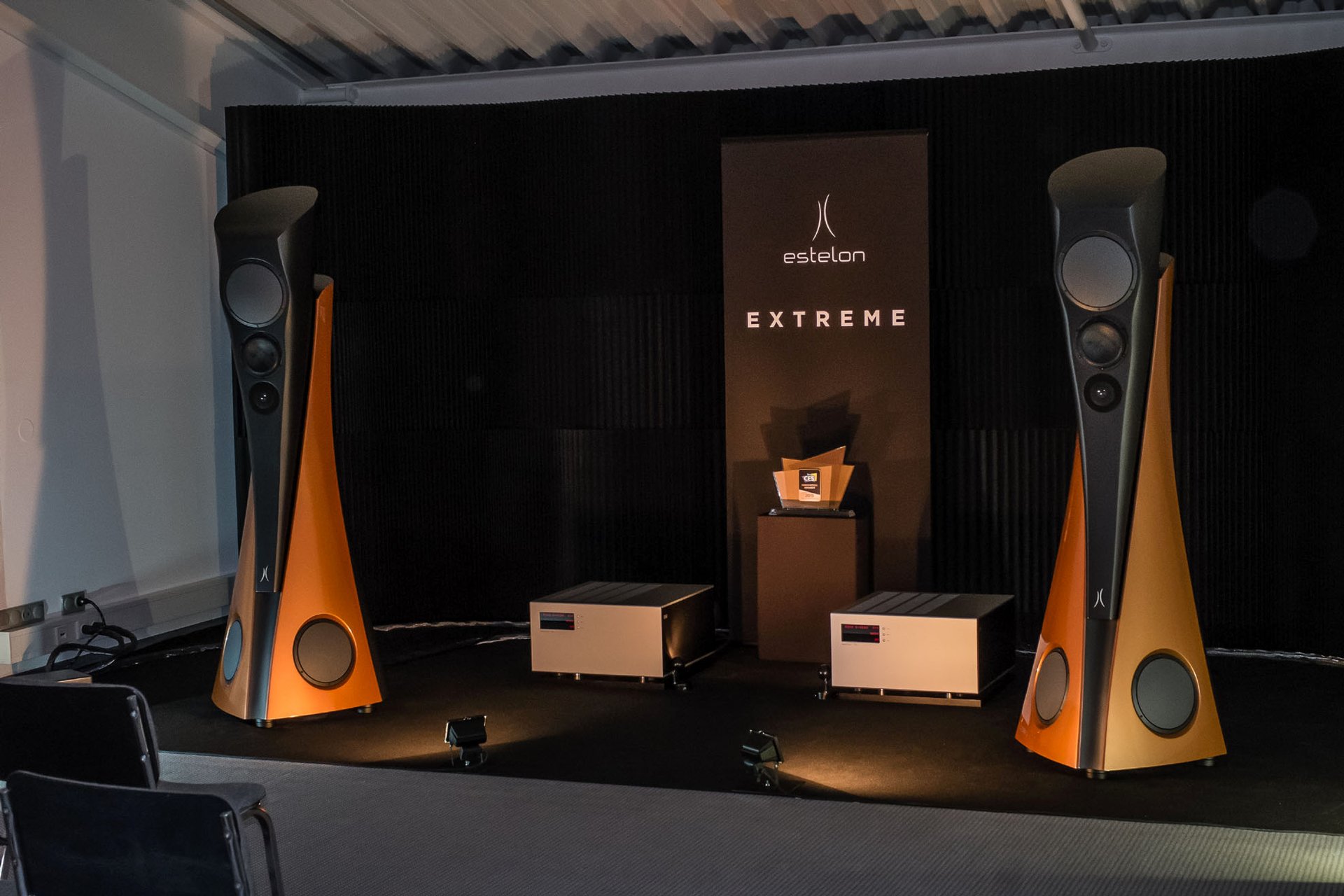 Die Estelon Lautsprecher sind über 2 Meter hoch und klingen sehr eindrücklich musikalisch mit der passenden Verstärkung. Eine gelungen Superlative und eine Prise Science Fiction.