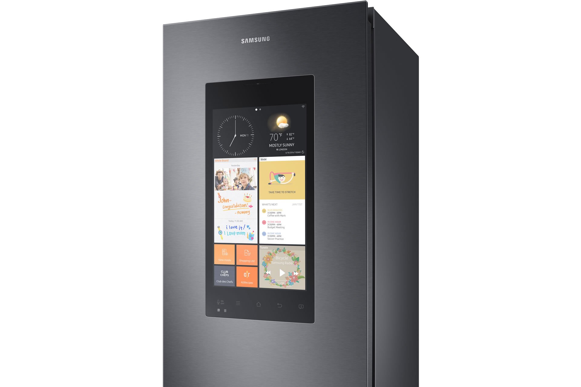 Samsungs FamilyHub: Kühlschrank mit 21,5-Zoll-Front-Bildschirm. Bei der CH-Edition lässt es sich direkt bei Coop@home bestellen.