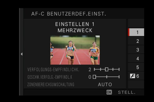 Fujifilm X-T2, Einstellung 1: Standard-Tracking-Option für ein weites Feld an sich bewegenden Objekten.