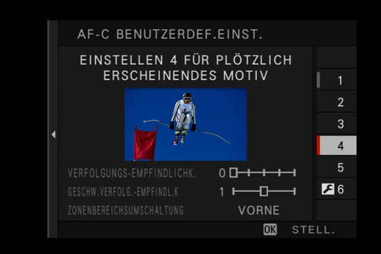 Fujifilm X-T2, Einstellung 4: Fokussiert schnell auf Objekte, welche plötzlich im Fokusbereich auftauchen, z.B. Skirennen, Extremsport.