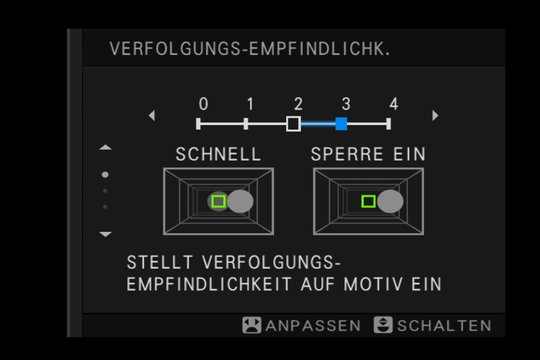 Fujifilm X-T2, Parameter 1. Verfolgungsempfindlichkeit: Wie lange soll die Kamera abwarten, bis der Fokus neu ermittelt wird?