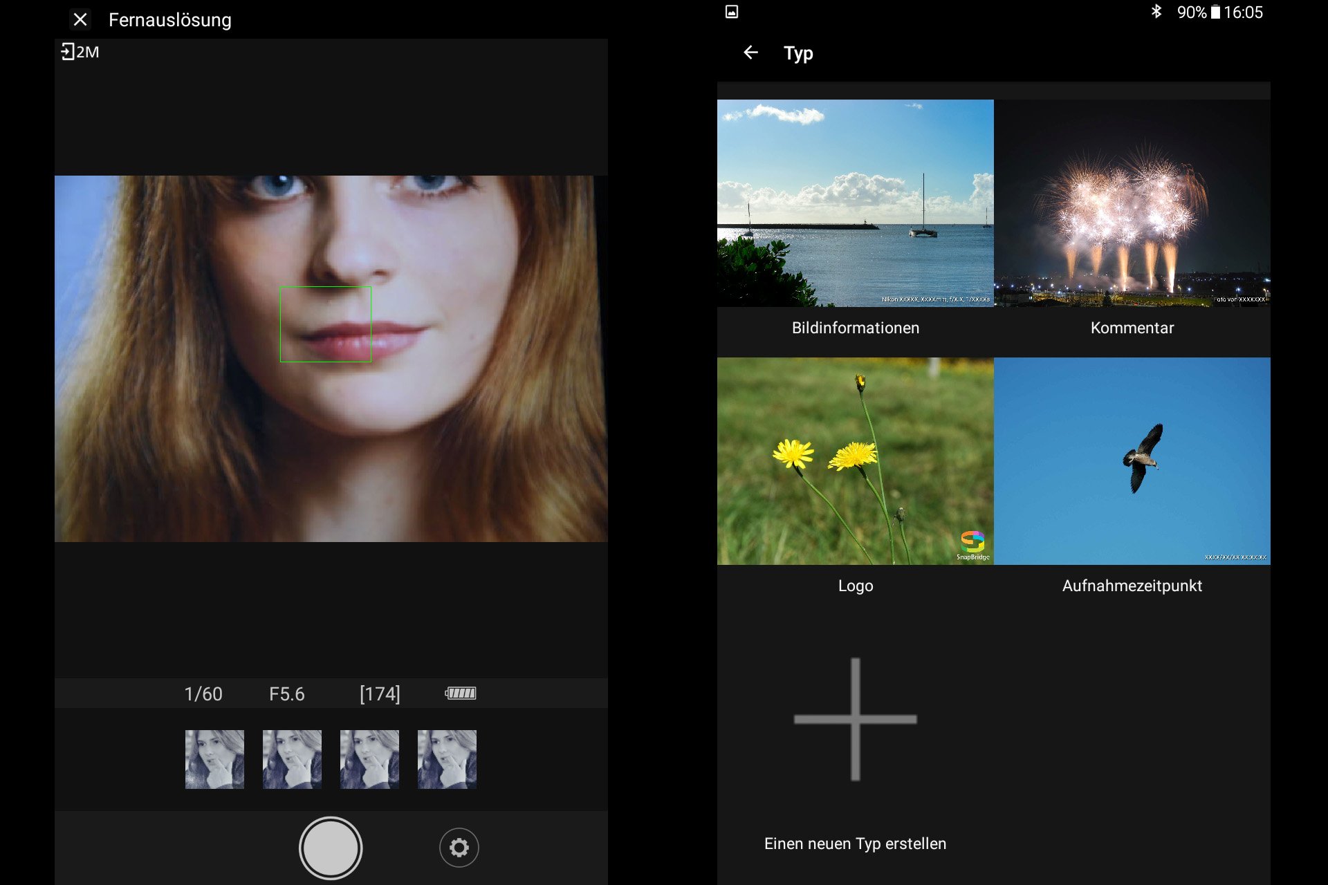 "Nikon D5600 SnapBridge": Mit der App lässt sich die Kamera auch per Smartgerät fernbedienen (Abbildung links). Zudem lassen sich Informationen auswählen, mit denen die auf das Mobilgerät kopierten Fotos versehen werden sollen (Abbildung rechts).