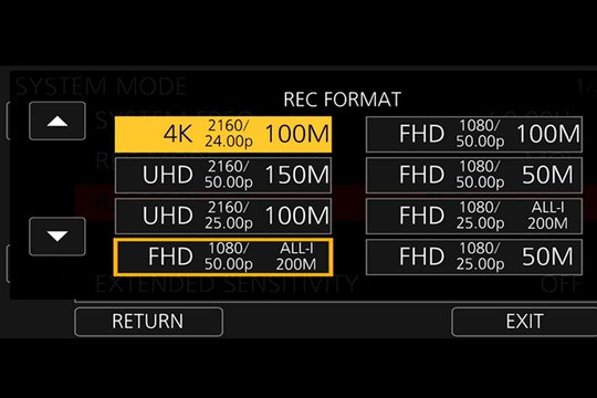 Panasonic HC-X1 Videoformate: UHD mit 50/60 p und Cinema 4K sind aussergewöhnlich in dieser Kameraklasse. Full-HD All-Intra findet man auch nicht in jedem Profi-Camcorder.