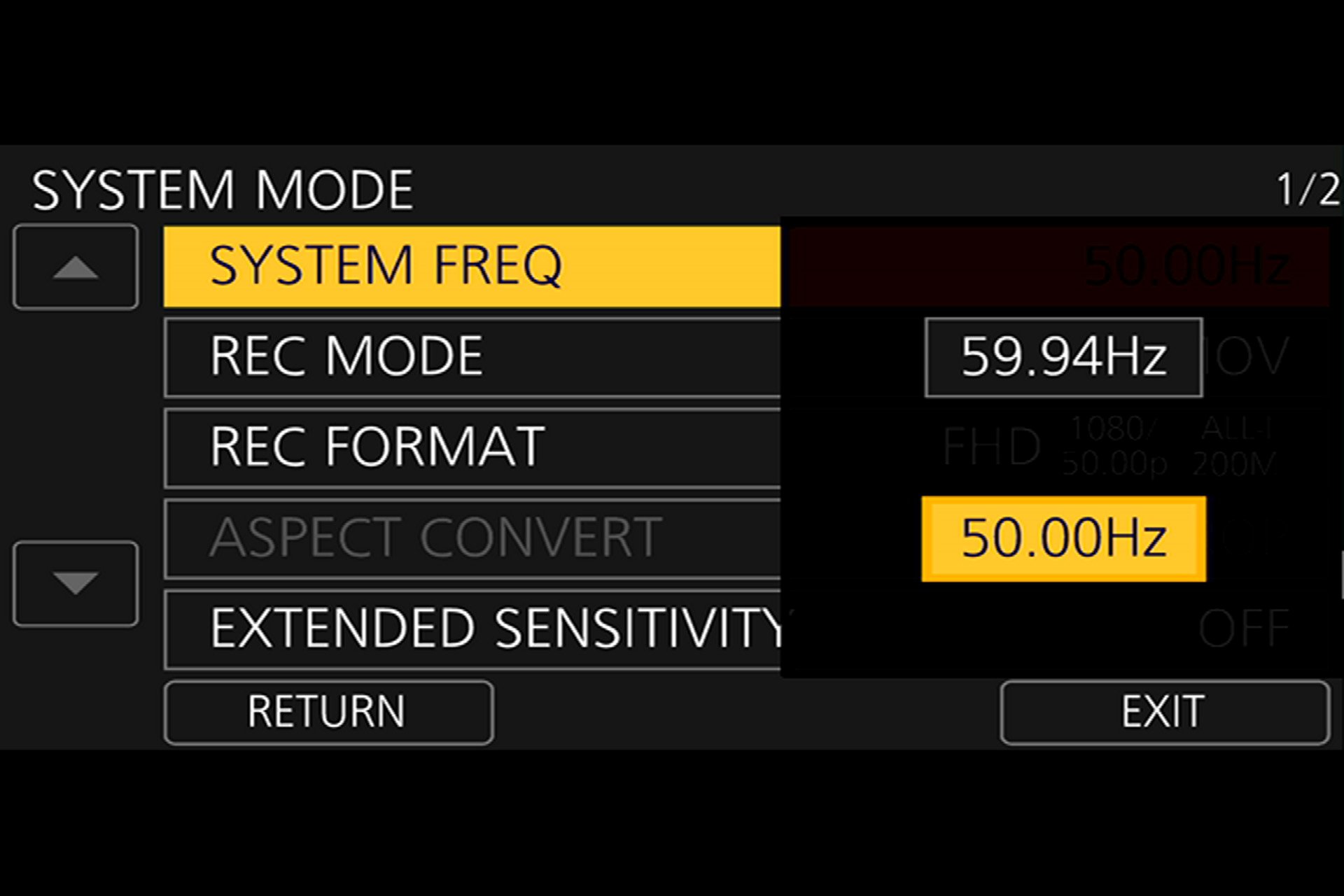 Panasonic HC-X1 Videoformate: Wer auch im Full-HD mit 24 Bildern pro Sekunde filmen möchte, muss erst die Systemfrequenz auf 59,94 Hz umschalten.