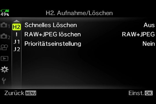 Olympus OM-D E-M1 Mark II: Die Anpassung der Kameraeinstellungen umfasst 20 Untermenüs mit darin nochmals zig Menüpunkten. Hier die letzte Seite. 