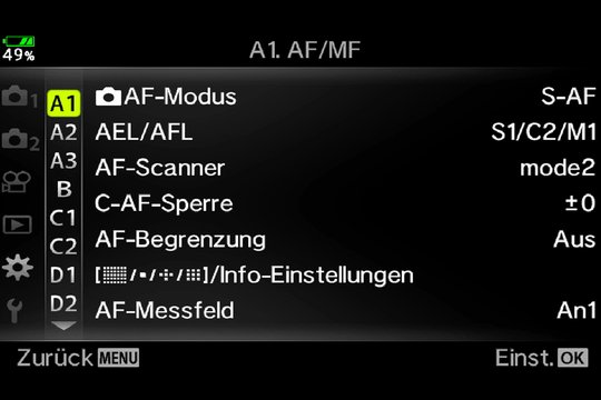 Olympus OM-D E-M1 Mark II: Die Anpassung der Kameraeinstellungen umfasst 20 Untermenüs mit darin nochmals zig Menüpunkten. Hier die erste Seite.