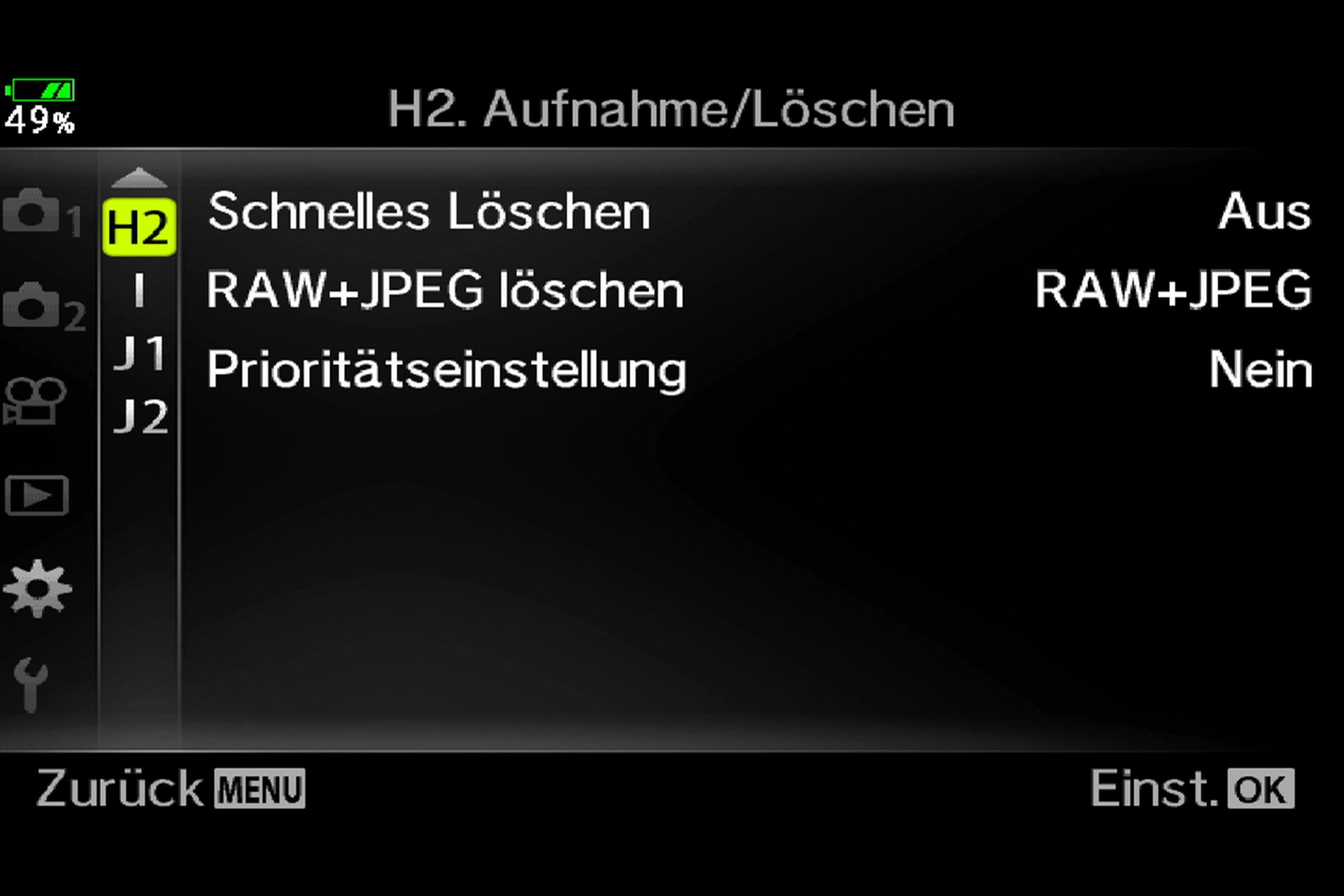 Olympus OM-D E-M1 Mark II: Die Anpassung der Kameraeinstellungen umfasst 20 Untermenüs mit darin nochmals zig Menüpunkten. Hier die letzte Seite. 