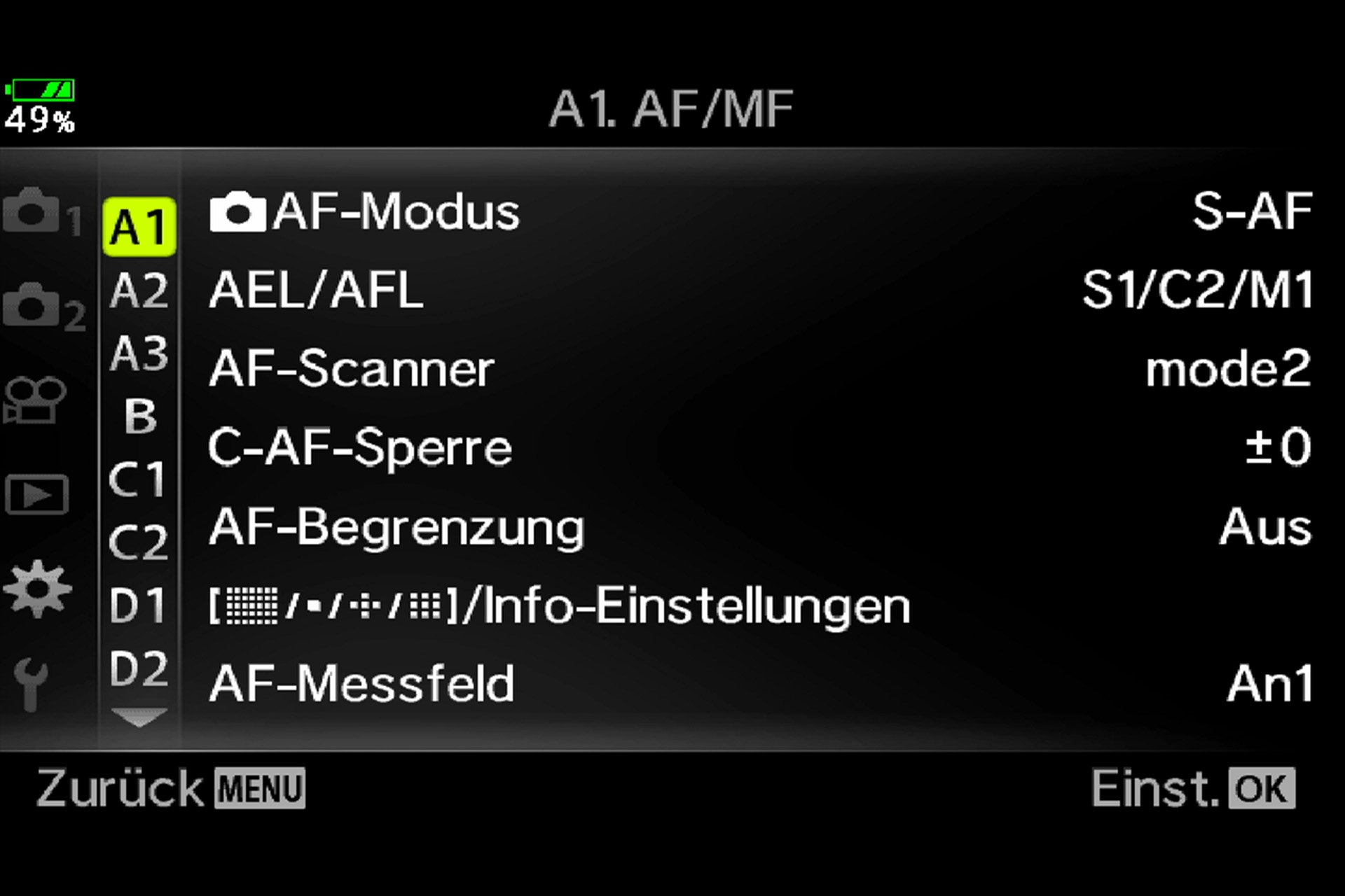 Olympus OM-D E-M1 Mark II: Die Anpassung der Kameraeinstellungen umfasst 20 Untermenüs mit darin nochmals zig Menüpunkten. Hier die erste Seite.