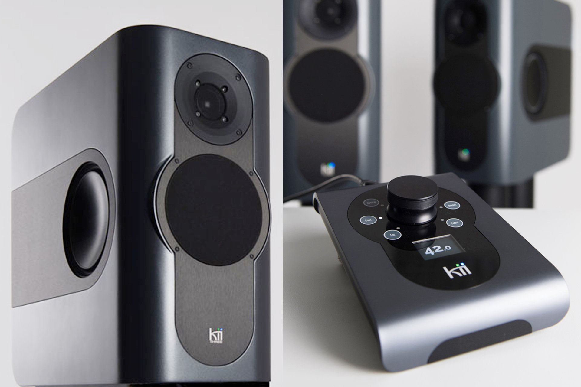 Die revolutionäre Aktivbox Kii Three wird neu auch über Kii Control gesteuert, der digitale ( USB, Coax, Optisch, AES) und analoge Eingänge hat. Die digitale Lautstärkeregelung steuert den DSP der Kii Three. Diese ist neu ohne Aufpreis in edler Graphite Satin-Ausführung erhältlich.