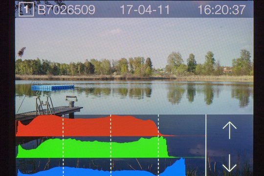 Hasselblad X1D: Fotowiedergabe mit Einblendung des separaten RGB-Histogramms.