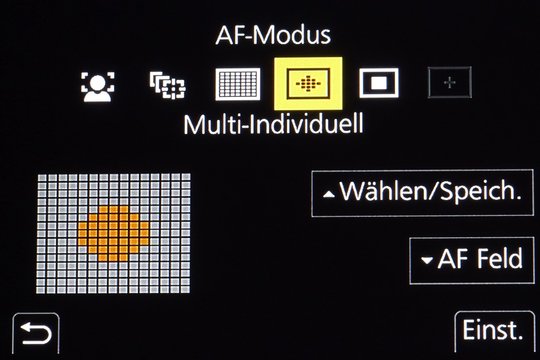 Panasonic GH5: Menü AF-Modus zur Bestimmung des AF-Feldes.