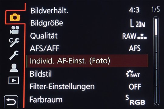 Panasonic GH5: Menü für die individuelle AF-Anpassung beim Fotografieren.