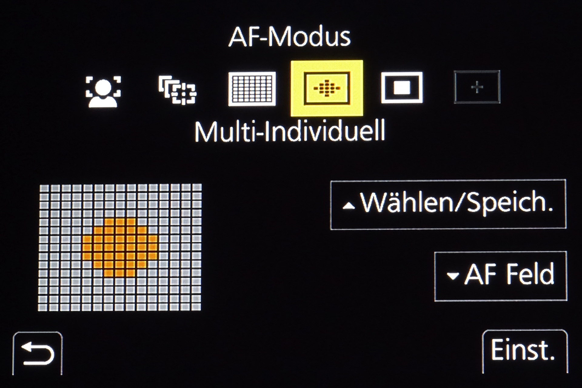 Panasonic GH5: Menü AF-Modus zur Bestimmung des AF-Feldes.