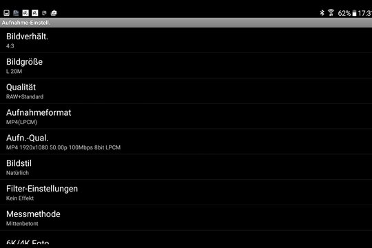 Panasonic GH5, WiFi, Quick-Menü Aufnahme-Einstellungen auf dem Tablet.