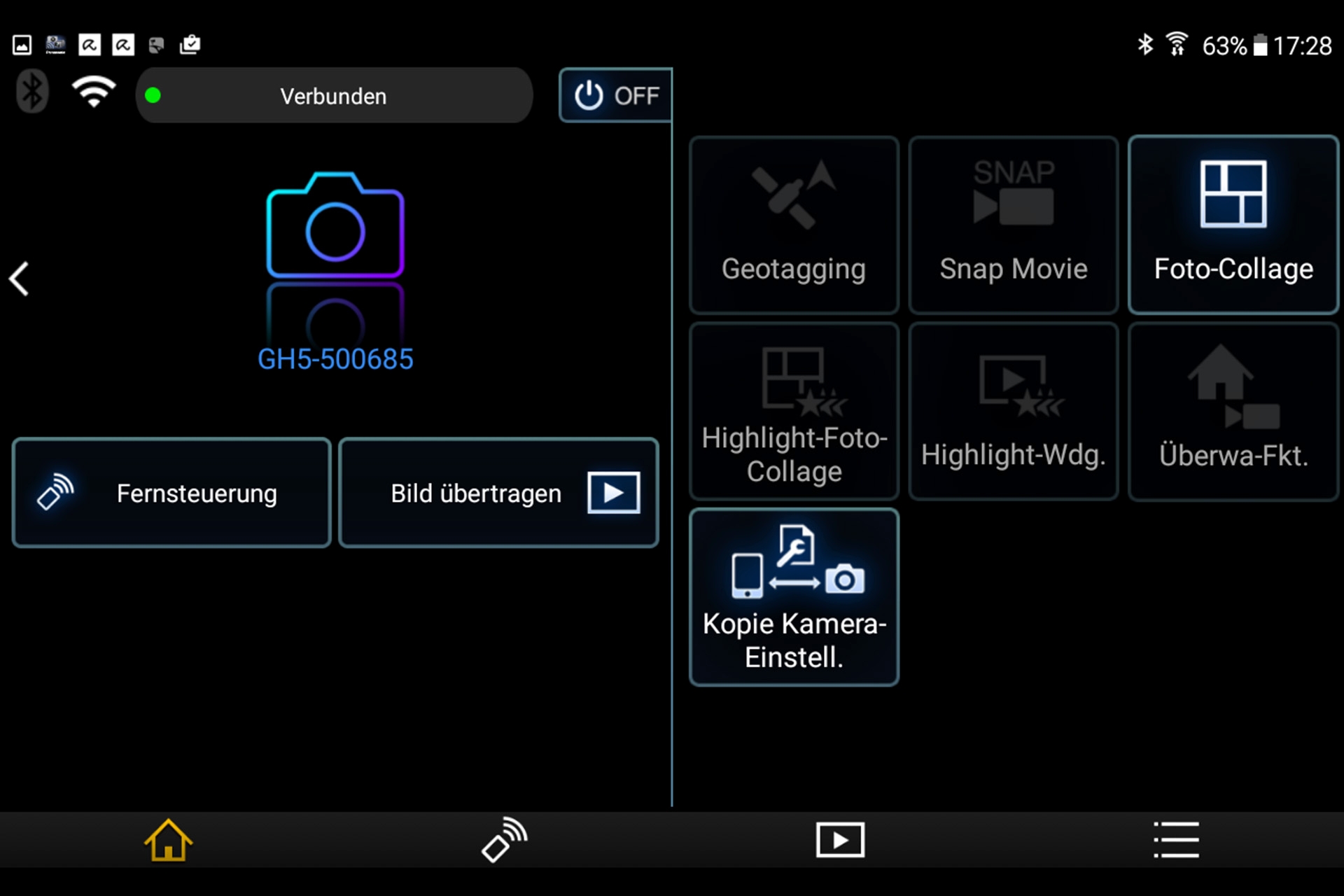 Panasonic GH5, per WiFi mit Android Tablet verbunden.